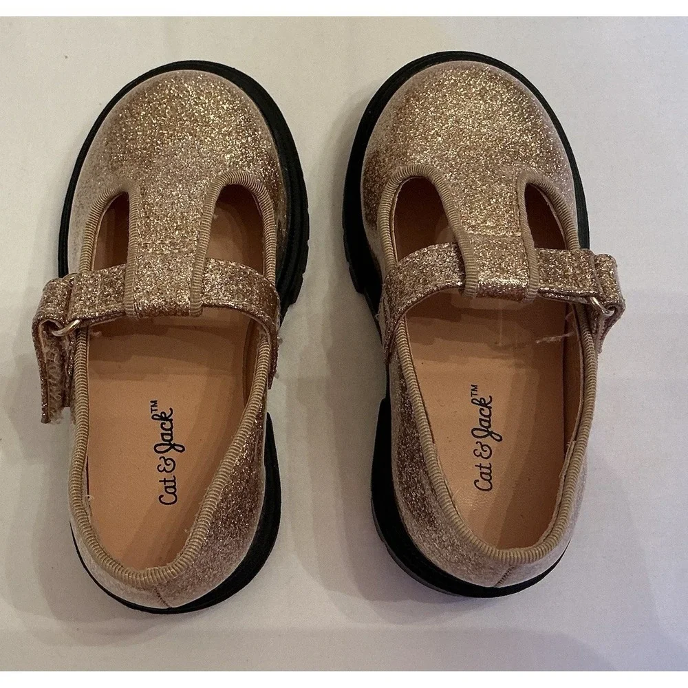 Cat & Jack Girls Gold Glitter‎ Mary Jane T-Strap Dress Shoes Size 6 Toddler